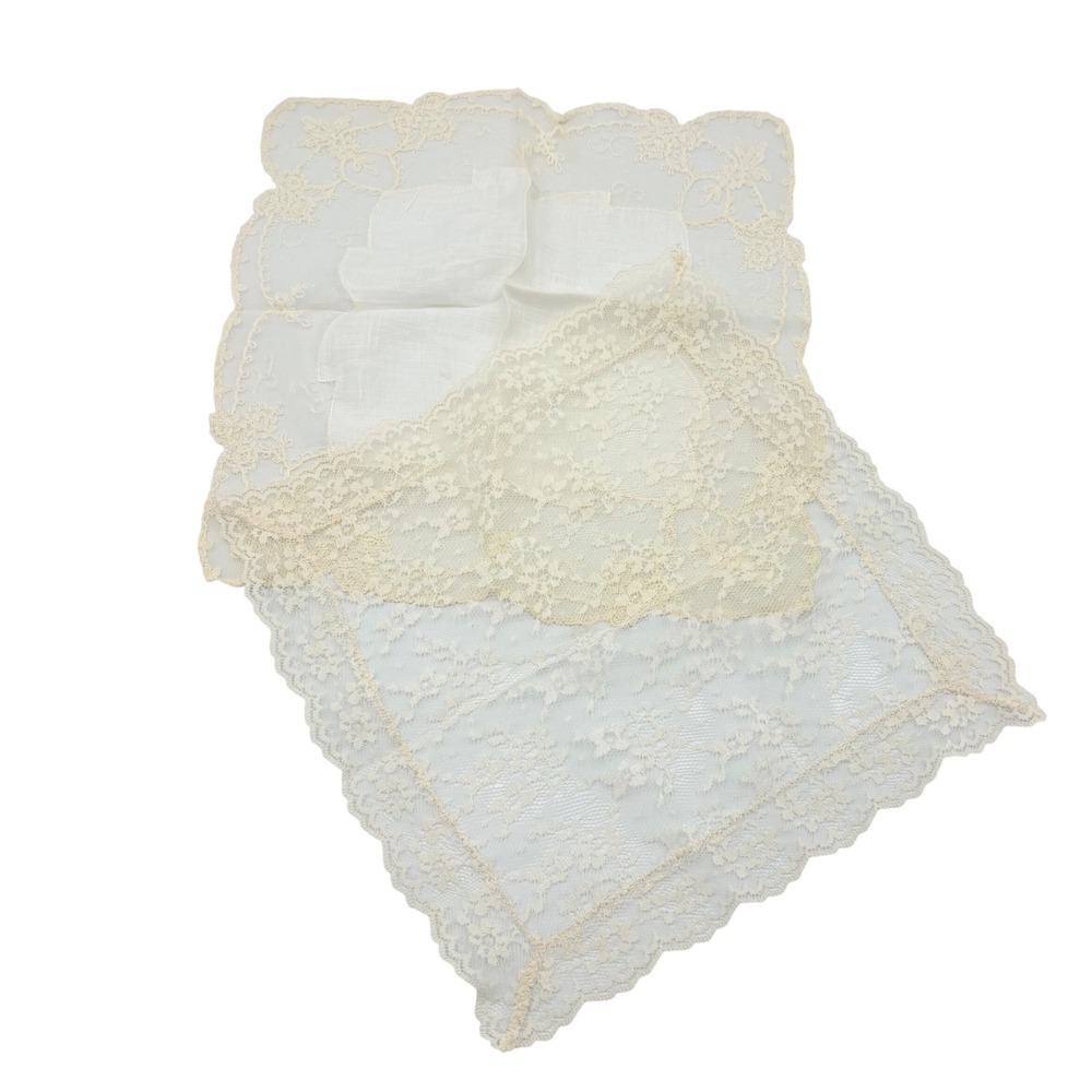 VTG Lace Handkerchiefs Set of 2 Ecru Cream Hankie Delicate Cottage Wedding